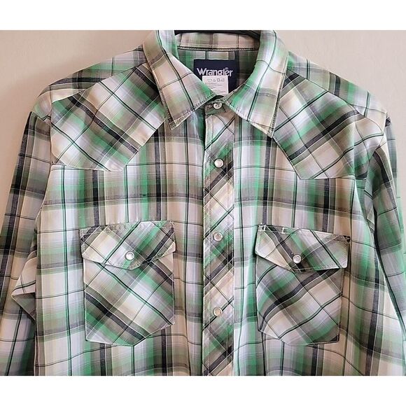 Wrangler Western Shirt mens long sleeve size‎ Medium green plaid pearl snap - Picture 8 of 9